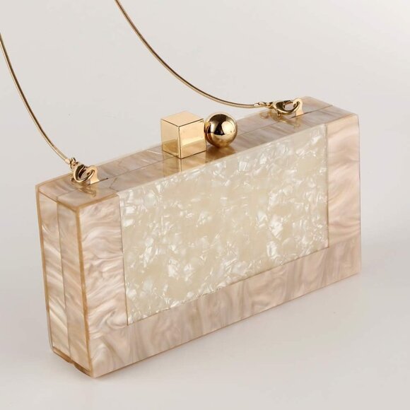 ⚡ Women's Acrylic Evening Glitter Marble Metal Clasp Cream Clutch Handbag - Picture 2 of 9